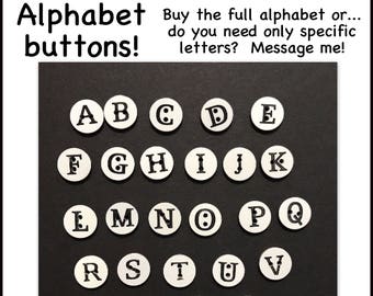Alphabet buttons, complete alphabet, 12mm, 1/2" 12 mm, half inch plastic letter button scrapbooking sewing crafts ABC black white A-Z A to Z