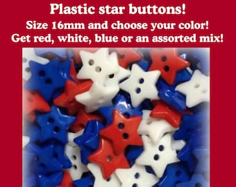 16mm Plastic star buttons random mix or red white or blue star patriotic 16 mm 5/8" 2 hole star rwb stars plastic 16mm