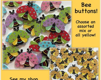 10, 20 or 40 Bee buttons, assorted wood bee buttons, 20mm 3/4" 20 mm 3/4 inch red blue green yellow purple pink small wood small bees