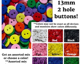 25, 50 or 100 13mm 2 hole buttons round assorted red yellow orange white black purple green blue pink 13 mm half inch 1/2 inch 13mm 2 hole