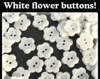 20, 40 or 80 14mm white flower buttons, plastic flower buttons, 14mm 1/2" half inch plastic buttons, craft flowers white 14mm