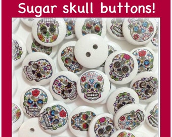 16, 32 or 64 Sugar skull buttons random mix, wood skull buttons, sewing, 15mm, 9/16", 15 mm, assorted painted sugar skulls