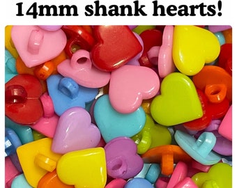 12, 24 or 48 14mm Heart shank buttons 14 mm Valentine 9/16" 14mm 9/16 red pink yellow green blue plastic hearts shank 14mm DC