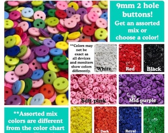 30, 60 or 120 9mm 2 hole buttons round assorted red yellow orange white black purple green pink royal blue pink 9 mm 5/16 inch 9mm 2 hole