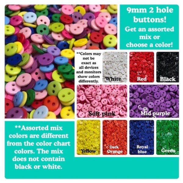 30, 60 or 120 9mm 2 hole buttons round assorted red yellow orange white black purple green pink royal blue pink 9 mm 5/16 inch 9mm 2 hole