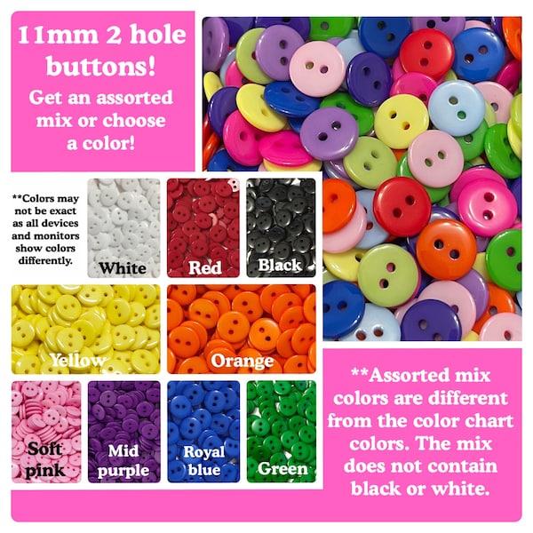 30, 60 or 120 11mm 2 hole buttons round assorted red yellow orange white black purple green pink royal blue pink 11 mm 7/16 inch 11mm 2 hole