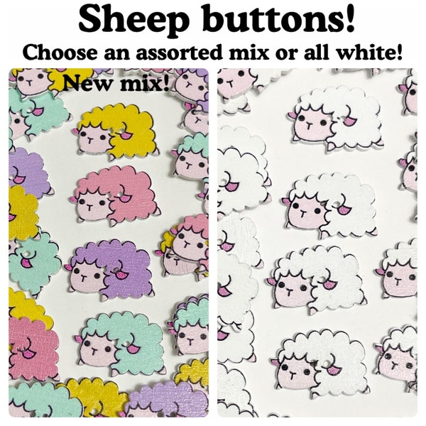 12, 24 or 48 Sheep buttons lamb random mix button wood crafts 25mm, 1" 25 mm 1 inch purple yellow pink white sheep DC