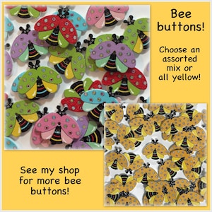 15, 30 or 60 Bee buttons, assorted wood bee buttons, 20mm 3/4&quot; 20 mm 3/4 inch red blue green yellow purple pink small wood small bees