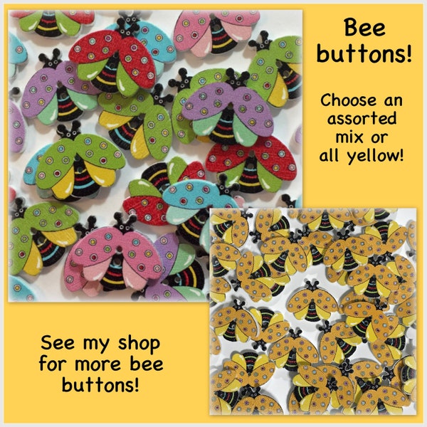 10, 20 or 40 Bee buttons, assorted wood bee buttons, 20mm 3/4" 20 mm 3/4 inch red blue green yellow purple pink small wood small bees