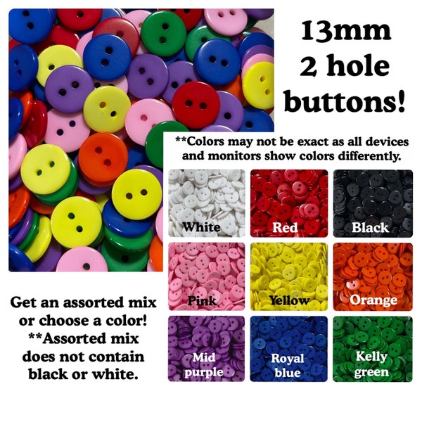 25, 50 or 100 13mm 2 hole buttons round assorted red yellow orange white black purple green blue pink 13 mm half inch 1/2 inch 13mm 2 hole