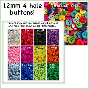 25, 50 or 100 Round 12mm buttons 4 hole 12 mm 7/16" small sewing shirt plastic red purple blue pink yellow black 12mm 4 hole DC