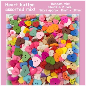 SALE!  100 or 200 Random Mix Heart buttons, assorted heart buttons, sewing crafts Valentine button hearts plastic wood hearts mash DC