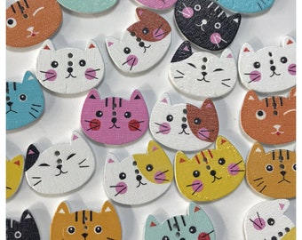 Cat Face Cat Buttons Cute Kitty Craft Embellishment Supply Unique Sewing Fasteners Grab Bag Kitten Buttons Flatback Wooden Buttons