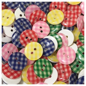 16, 32 or 64 15mm Gingham buttons, novelty buttons, round, sewing, red blue pink yellow 15mm 5/8" 5/8 inch resin plaid 15mm gingham