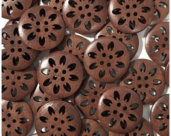 15 or 30 Large brown wood flower 25mm buttons wood flower buttons sewing 25 mm 1 inch large brown flower