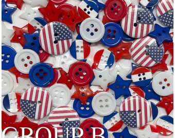 100 Red, white and blue assorted buttons patriotic buttons July 4 buttons crafts rwb red white blue patriotic novelty GROUP B