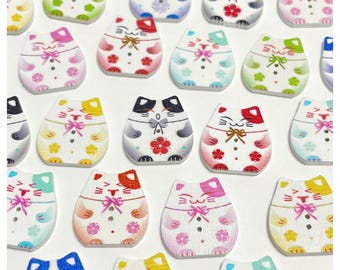 SALE!  8, 16 or 32 Happy Cat Buttons - Wooden Sewing Buttons - Craft Supplies - Lucky Cat GROUP A
