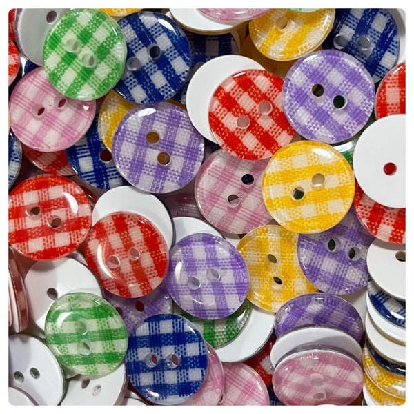 20, 40 or 80 13mm Gingham buttons round button plaid sewing crafts red blue pink yellow green purple 13mm 1/2" 1/2 inch resin 13mm gingham