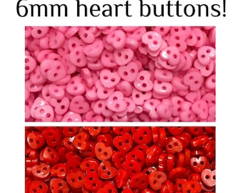 100 or 200 6mm Red or Pink Heart Buttons - Tiny Craft Buttons, 6mm Hearts GROUP B