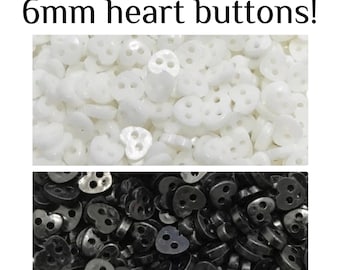 100 or 200 6mm Black or White Heart Buttons - Tiny Craft Buttons, 6mm Hearts GROUP B