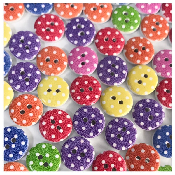 16, 32 or 64 Polka dot buttons random mix buttons round buttons, scrapbooking, crafts, 15mm, 9/16" 15 mm 9/16 inch round wood dots