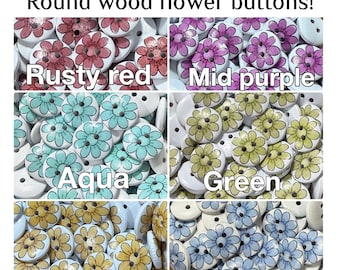 30 or 60 Pretty flower wooden buttons - Colorful Daisy - Sewing, Scrapbooking, Crafts - 2 Hole Buttons 15mm