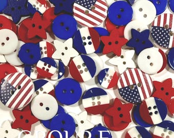 100 Red, white and blue assorted buttons patriotic buttons July 4 buttons crafts rwb red white blue patriotic novelty GROUP E