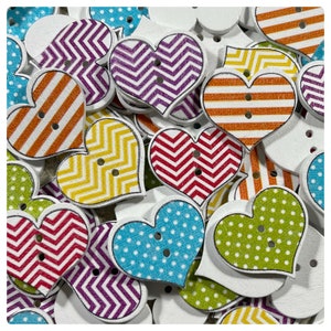 8, 16 or 32 Heart buttons, random mix heart wood 26mm polka dot button wood hearts Valentine hearts pretty painted