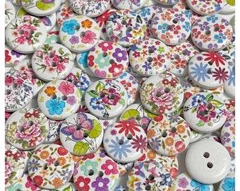 16, 32 or 64 Flower and butterfly buttons, random mix buttons, round wood buttons crafts wooden round buttons 15 mm 5/8" flowers wood round