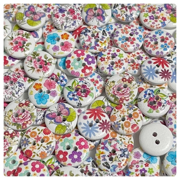 16, 32 or 64 Flower and butterfly buttons, random mix buttons, round wood buttons crafts wooden round buttons 15 mm 5/8" flowers wood round