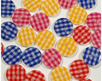 30 or 60 15mm Gingham buttons round, sewing, red blue pink yellow 15mm 5/8" 5/8 inch resin plaid 15mm gingham GROUP C
