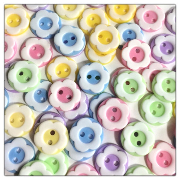 20, 40 or 80 Flower buttons assorted crafts 12mm 1/2" pastel flower blue green yellow purple pink white daisy plastic flowers 2 tone mixed