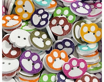 16, 32 or 64 Paw buttons, wood buttons, novelty buttons, buttons, scrapbooking, sewing, crafts, 16mm 5/8" assorted colors cat dog paws