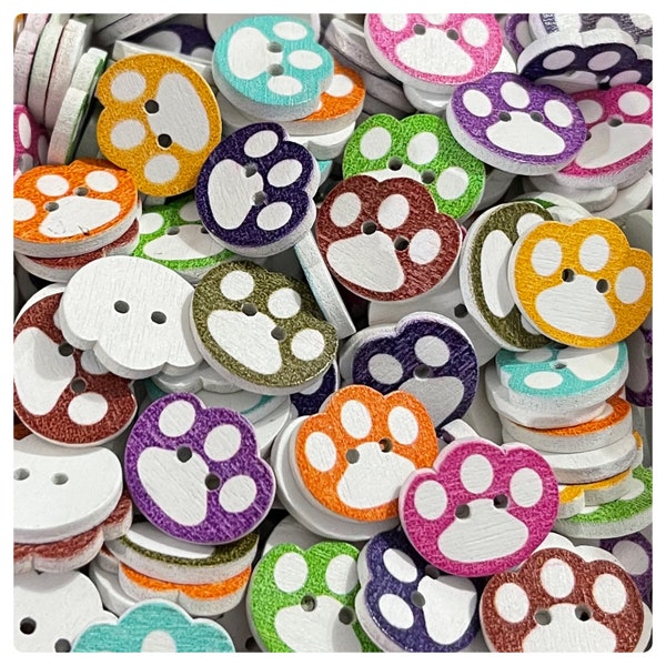 16, 32 or 64 Paw buttons, wood buttons, novelty buttons, buttons, scrapbooking, sewing, crafts, 16mm 5/8" assorted colors cat dog paws