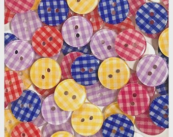 30 or 60 15mm Gingham buttons round, sewing, red blue purple yellow 15mm 5/8" 5/8 inch resin plaid 15mm gingham GROUP B