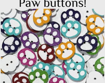 40 or 80 Paw Print Wooden Buttons, Colorful 16mm Sewing Craft GROUP B