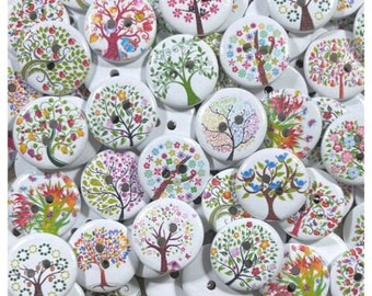 10, 20 or 40 Tree buttons, painted tree buttons random mix buttons crafts 20mm 3/4" 20 mm 3/4 inch round fancy trees DC