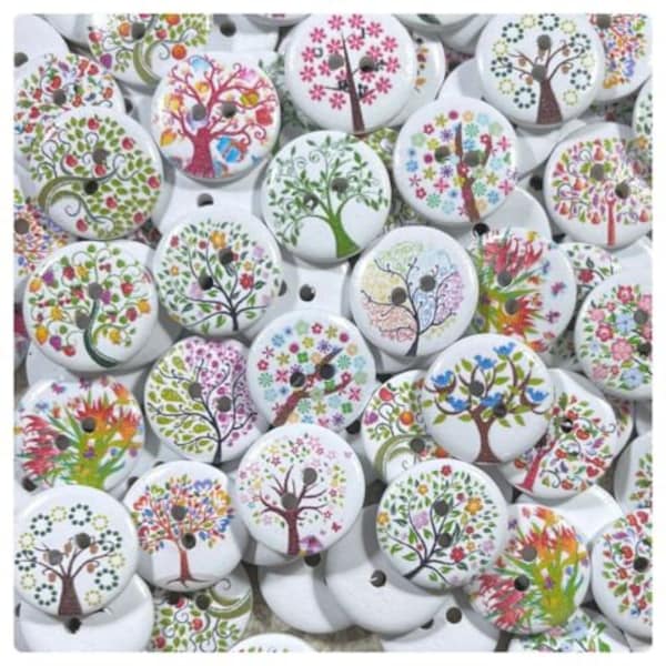 10, 20 or 40 Tree buttons, painted tree buttons random mix buttons crafts 20mm 3/4" 20 mm 3/4 inch round fancy trees DC