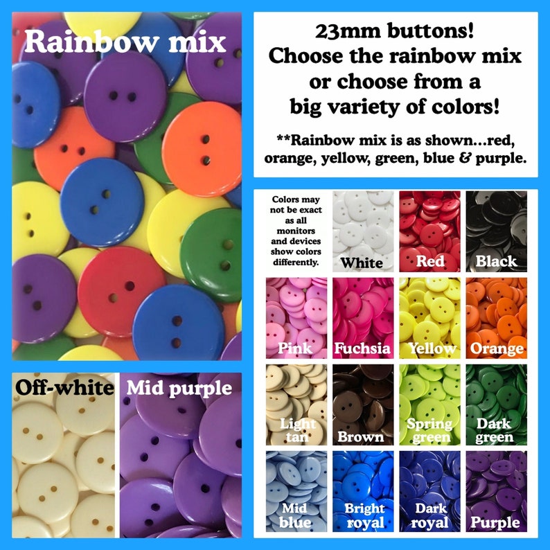 20, 40 or 80 23mm Plastic buttons black white green pink red blue rainbow 23mm 7/8 23 mm large buttons 2 hole 23mm plastic DC image 1
