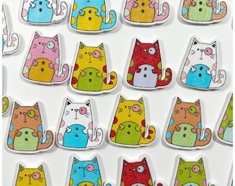 15 or 30 Cute Cat Buttons - Wooden Animal - Sewing, Knitting, Craft Supplies - Kitten Buttons 26mm
