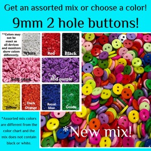 30, 60 or 120 9mm Craft Buttons - 2 Hole Tiny Buttons - Choose Color or Assorted Mix