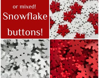 20 or 40 Snowflake Wood Buttons Red White, 25mm Sewing Crafts