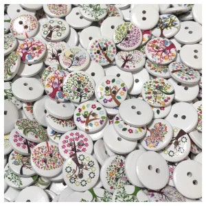 10, 20 or 40 Tree buttons, painted tree buttons random mix buttons crafts 20mm 3/4 20 mm 3/4 inch round fancy trees DC image 2