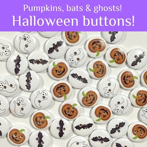 30 or 60 Halloween Wood Buttons Assorted Mix, Ghost, Bat, Pumpkin (15mm 9/16")