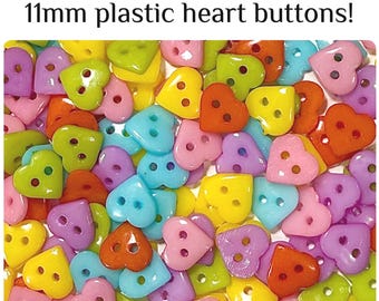 48 or 96 11mm Plastic Heart Buttons 2 Hole Mix Pink Orange Lilac Green Aqua Blue Red GROUP B