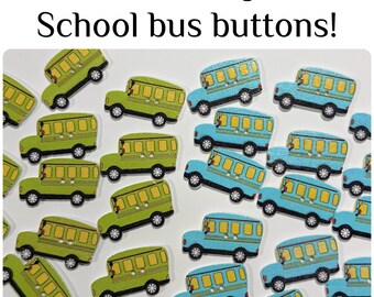 16 or 32 Bus buttons, assorted mix wood school blue or green buses 30mm 30 mm 1  1/8" inch 1 1/8 inch transportation, school buses
