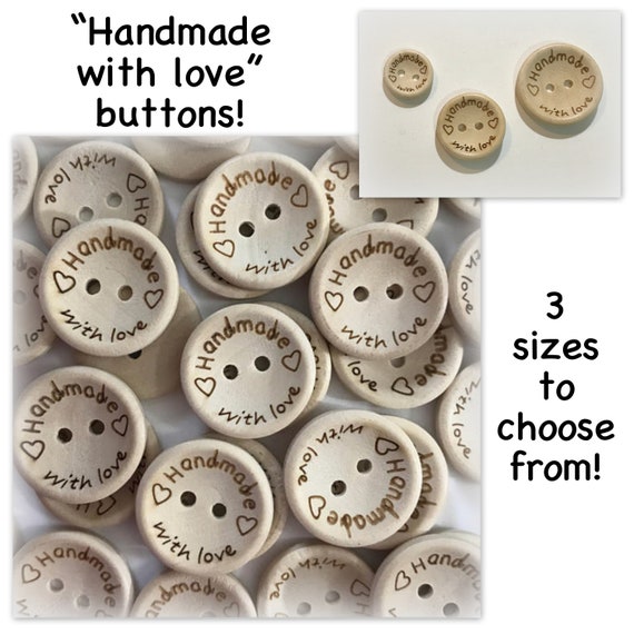 Wood HANDMADE WITH LOVE Natural Wooden Round Buttons 2 Holes 25mm 2.5cm