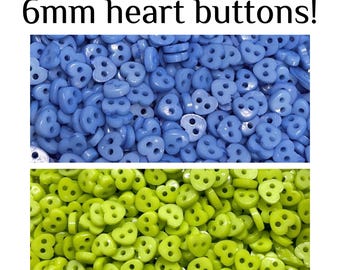 100 or 200 6mm Blue or Green Heart Buttons - Tiny Craft Buttons 6mm Hearts GROUP B