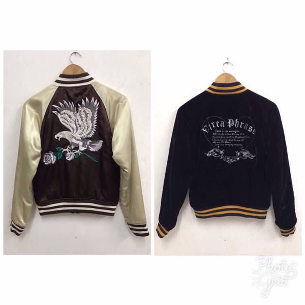 Sukajan jacket Vintage Sukajan Riversible Jacket Eagle Velvet Satin Japanese Embroidery Yokosuka Souvenir Jacket TTS XS (Refer Measurement)
