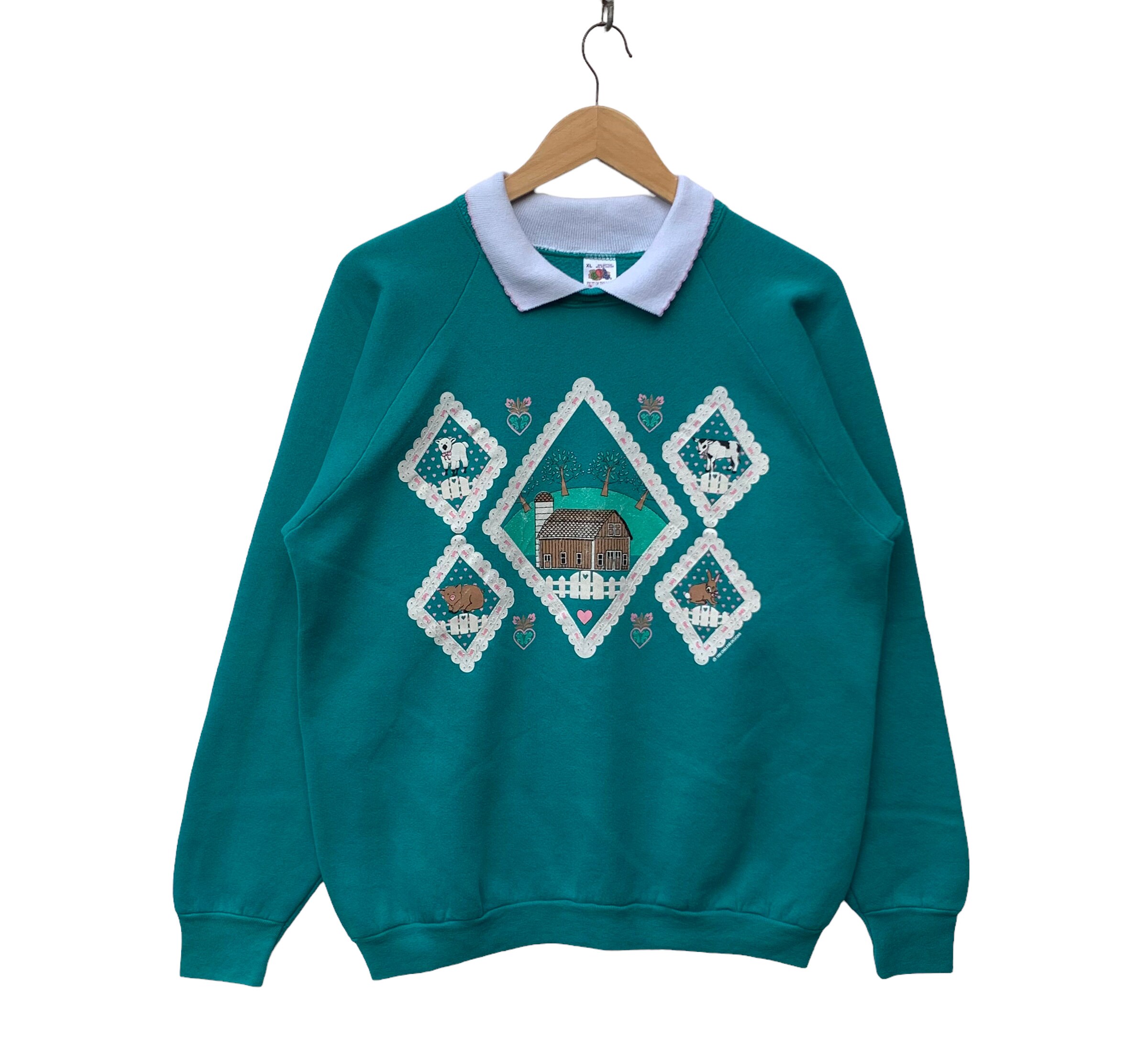 Vintage 90s Sweatshirt Vintage Nature Graphics Collar Sweater Morning Sun Design TTS Medium (Refer Measurement).